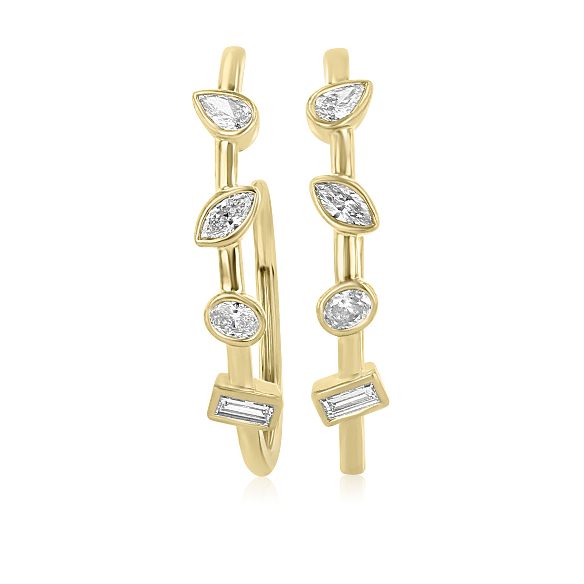 14K Yellow Gold Diamond Bezel Hoops | 4002176 featuring bezel-set lab-created diamonds in pear, marquise, round, and baguette shapes.