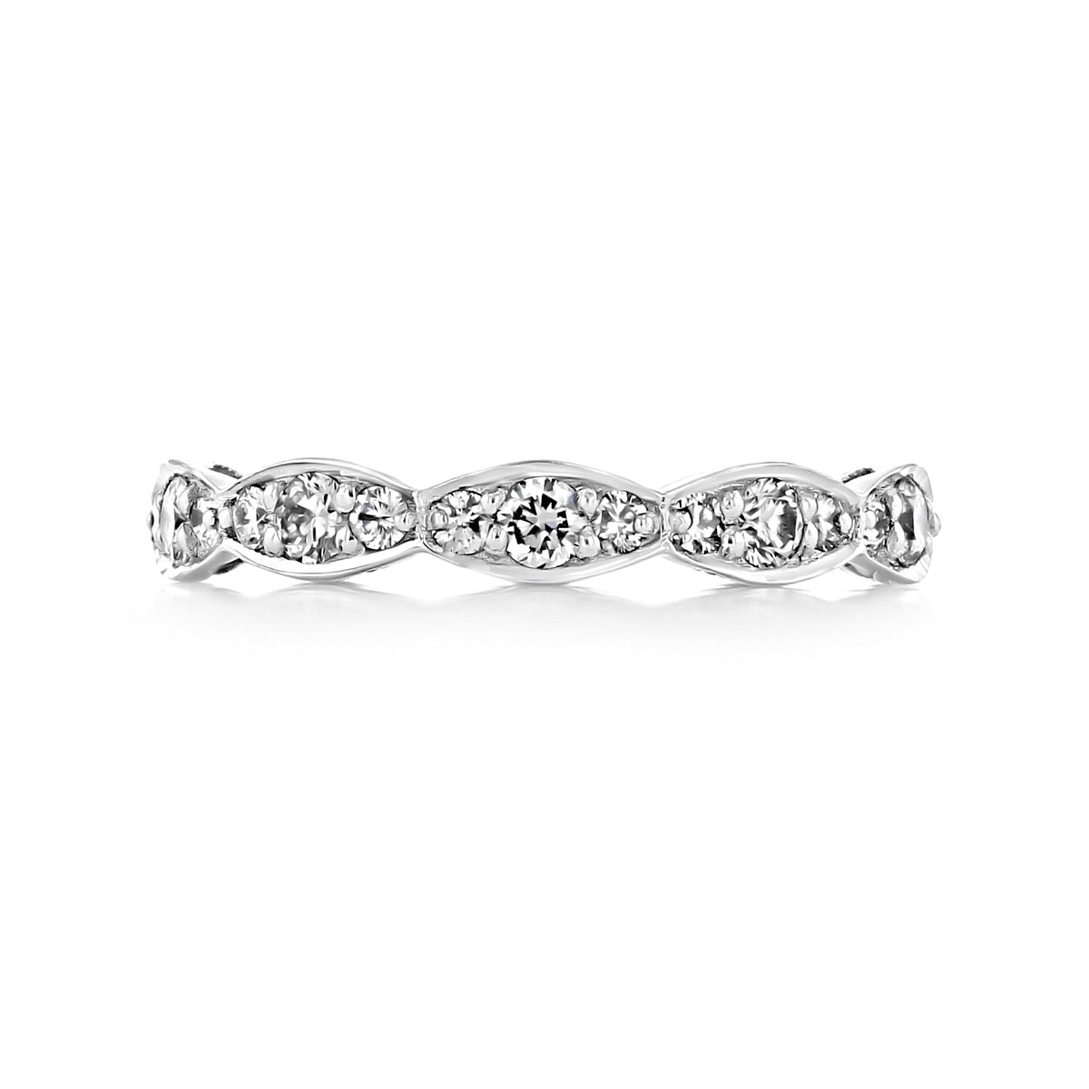 Tacori Sculpted Crescent | Diamond Band - 46-3ET platinum wedding band featuring a repeating pattern of marquise-shaped metal settings, each holding a round pavé-set diamond.