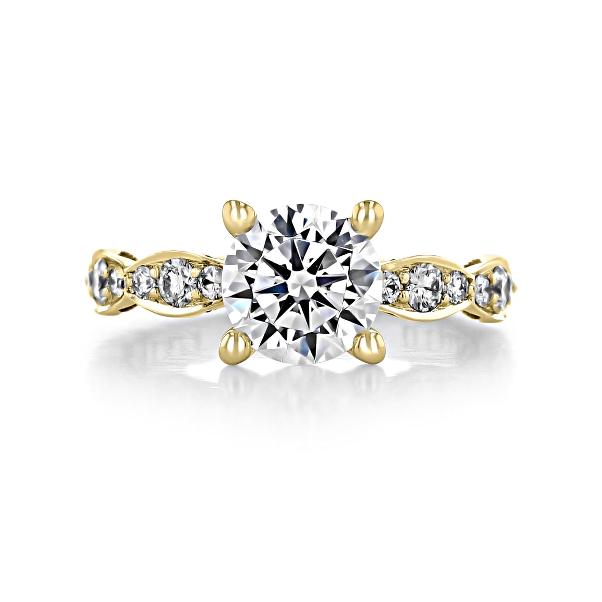 Sculpted Crescent | Round Pavé Engagement Ring - 46-3RD75Y with a round brilliant-cut diamond, yellow gold band, pavé-set side diamonds, and a four-prong crown.