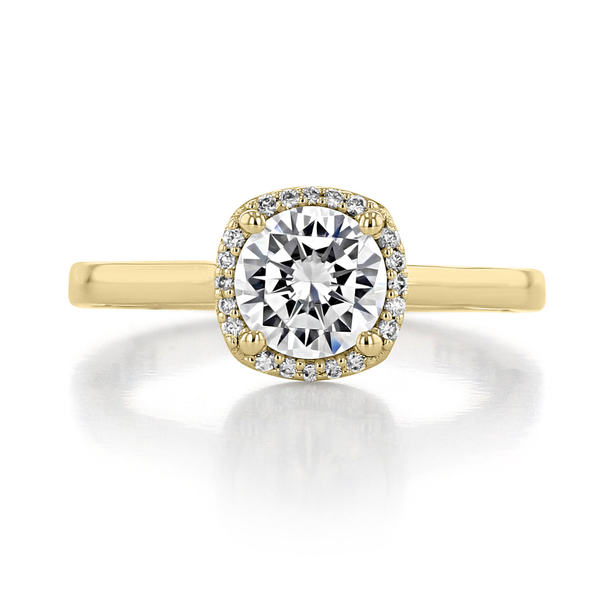 Tacori Sculpted Crescent | Cushion Bloom Engagement Ring - 49CU65Y in yellow gold featuring a round center diamond surrounded by a cushion-shaped halo of small pave diamonds.