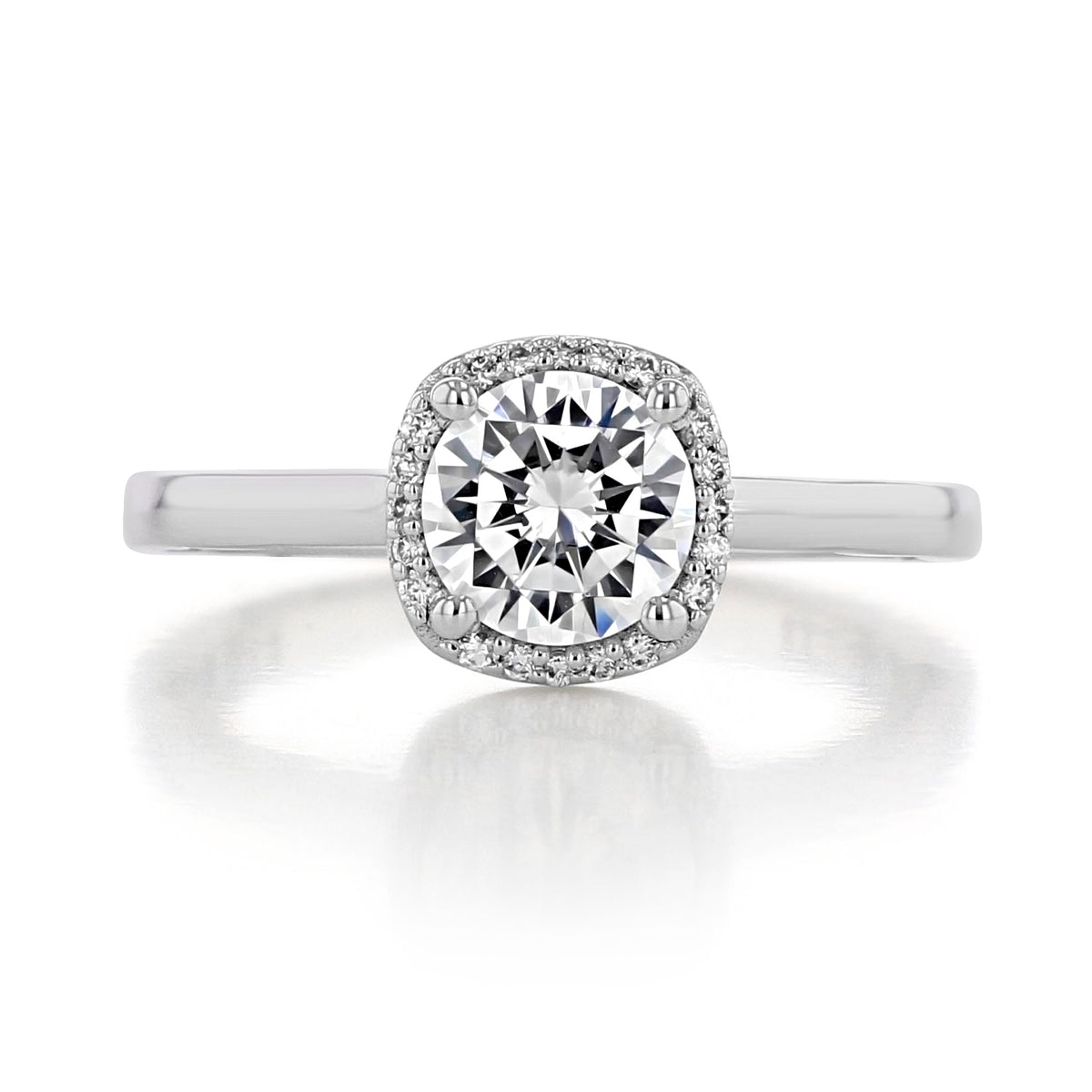 Tacori Sculpted Crescent | Cushion Bloom Engagement Ring - 49CU65W featuring a round center diamond within a cushion-shaped halo of smaller pavé diamonds on a slim metal band.