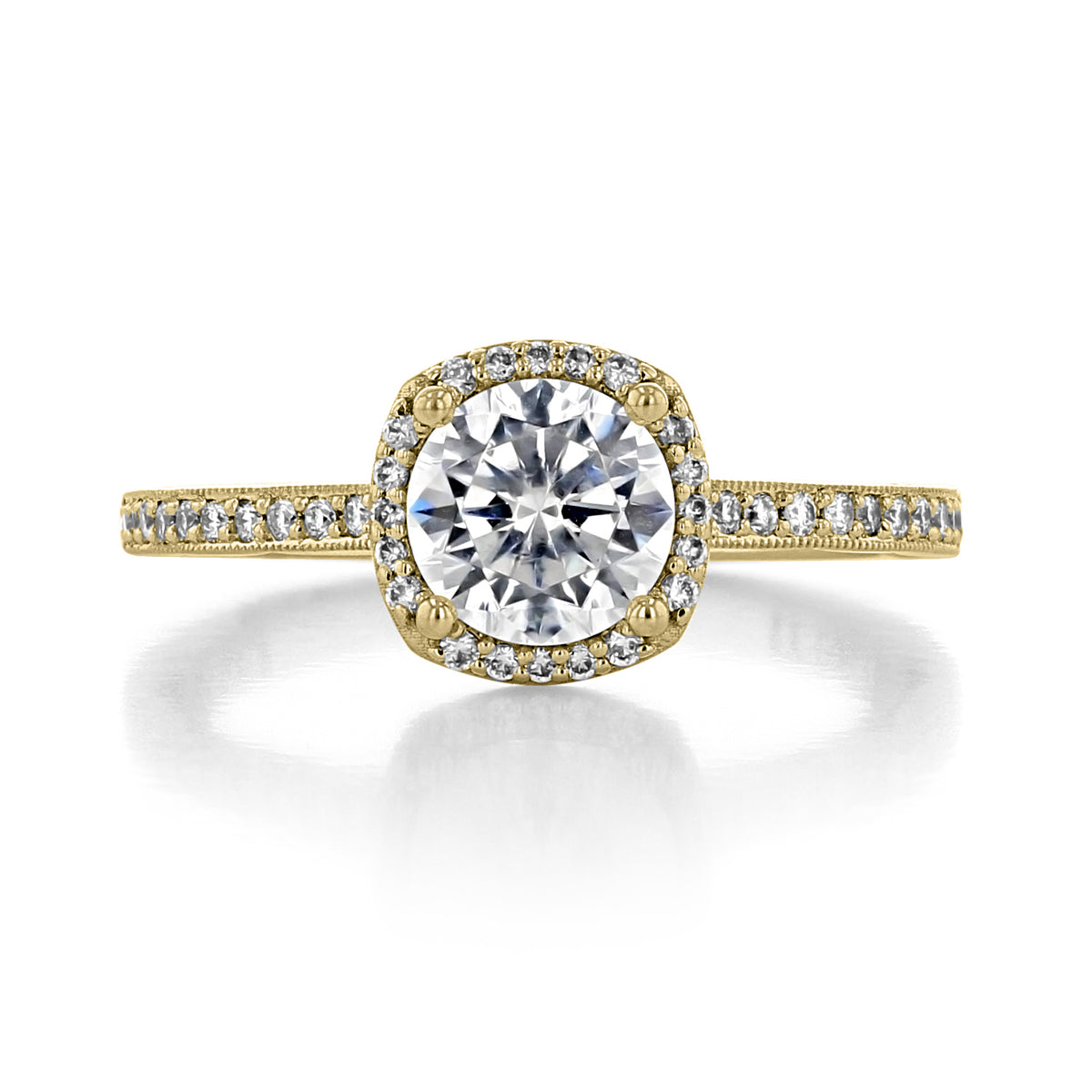 Tacori Sculpted Crescent | Cushion Bloom Engagement Ring - 49CUP65Y featuring a round center stone surrounded by a cushion-shaped halo of small diamonds on a pavé band.
