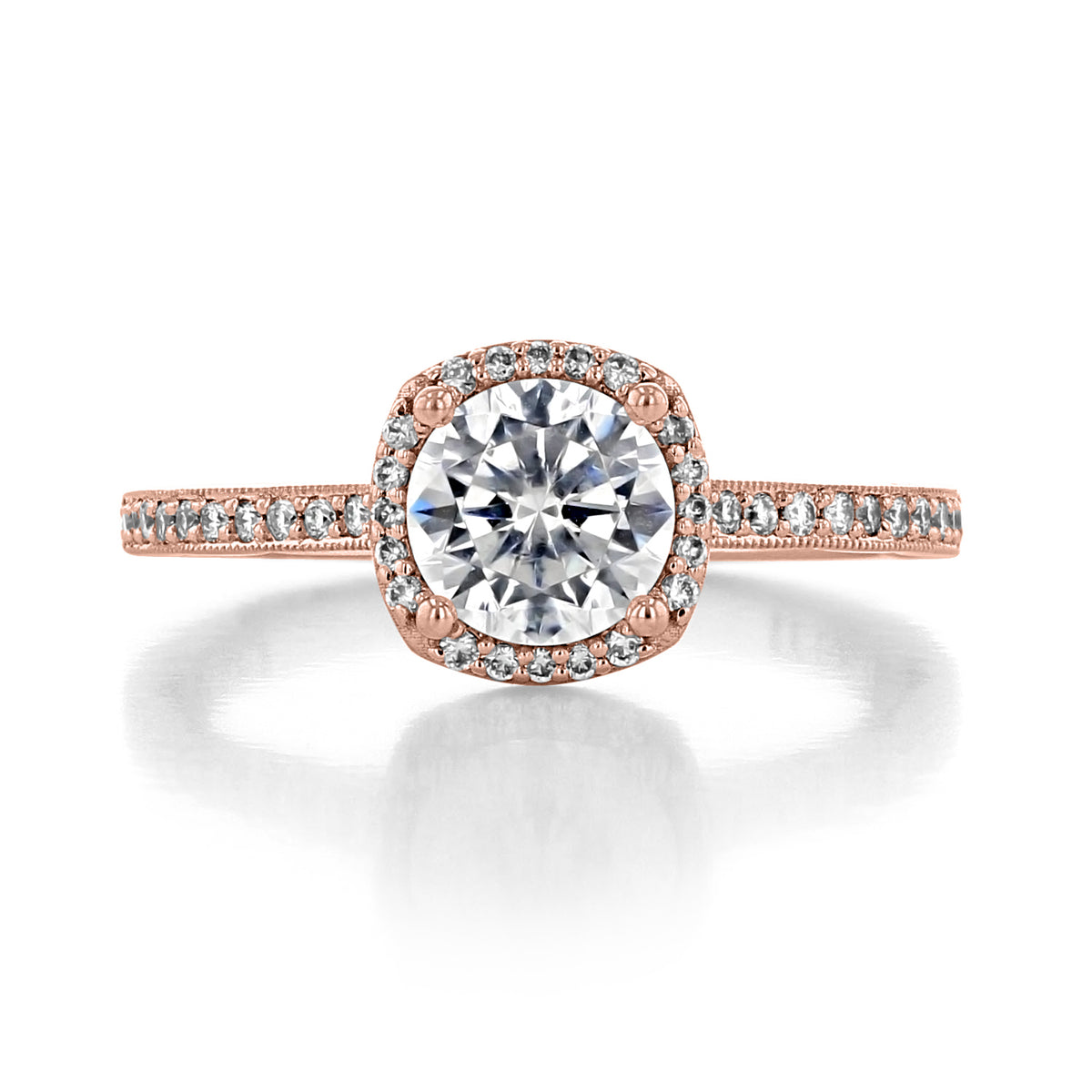 Round diamond engagement ring in a Tacori Sculpted Crescent | Cushion Bloom Engagement Ring - 49CUP65PK rose gold cushion-shaped halo setting with pavé diamonds on the band.