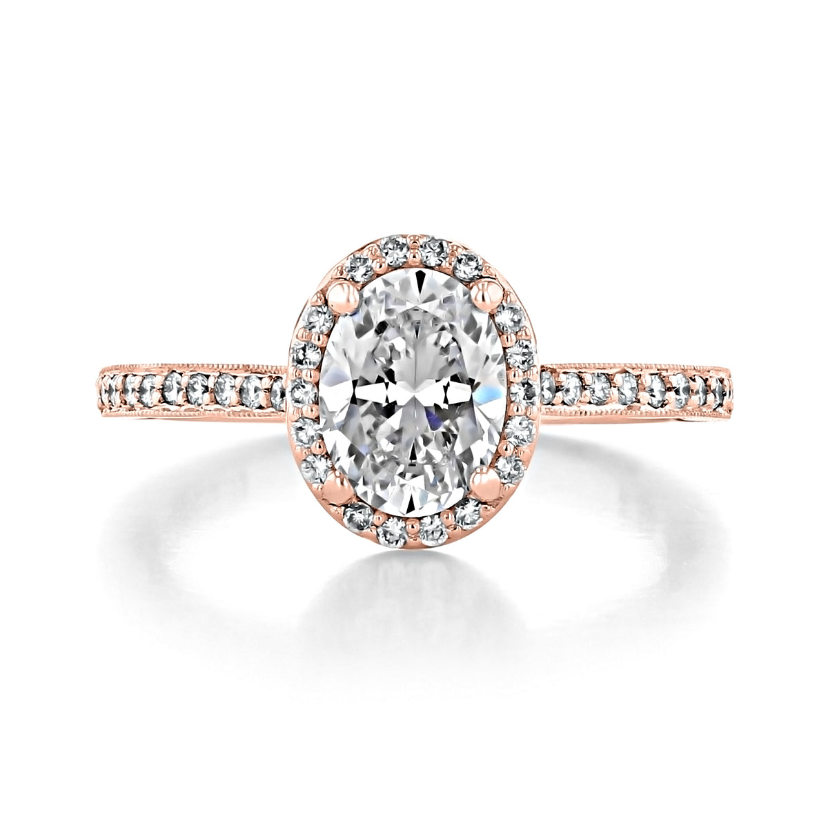 Tacori Sculpted Crescent | Oval Solitaire Engagement Ring - 49OVP8X6PK in rose gold featuring an oval-cut solitaire, a diamond halo, and pavé-set diamonds along the band with a distinct vintage flair.