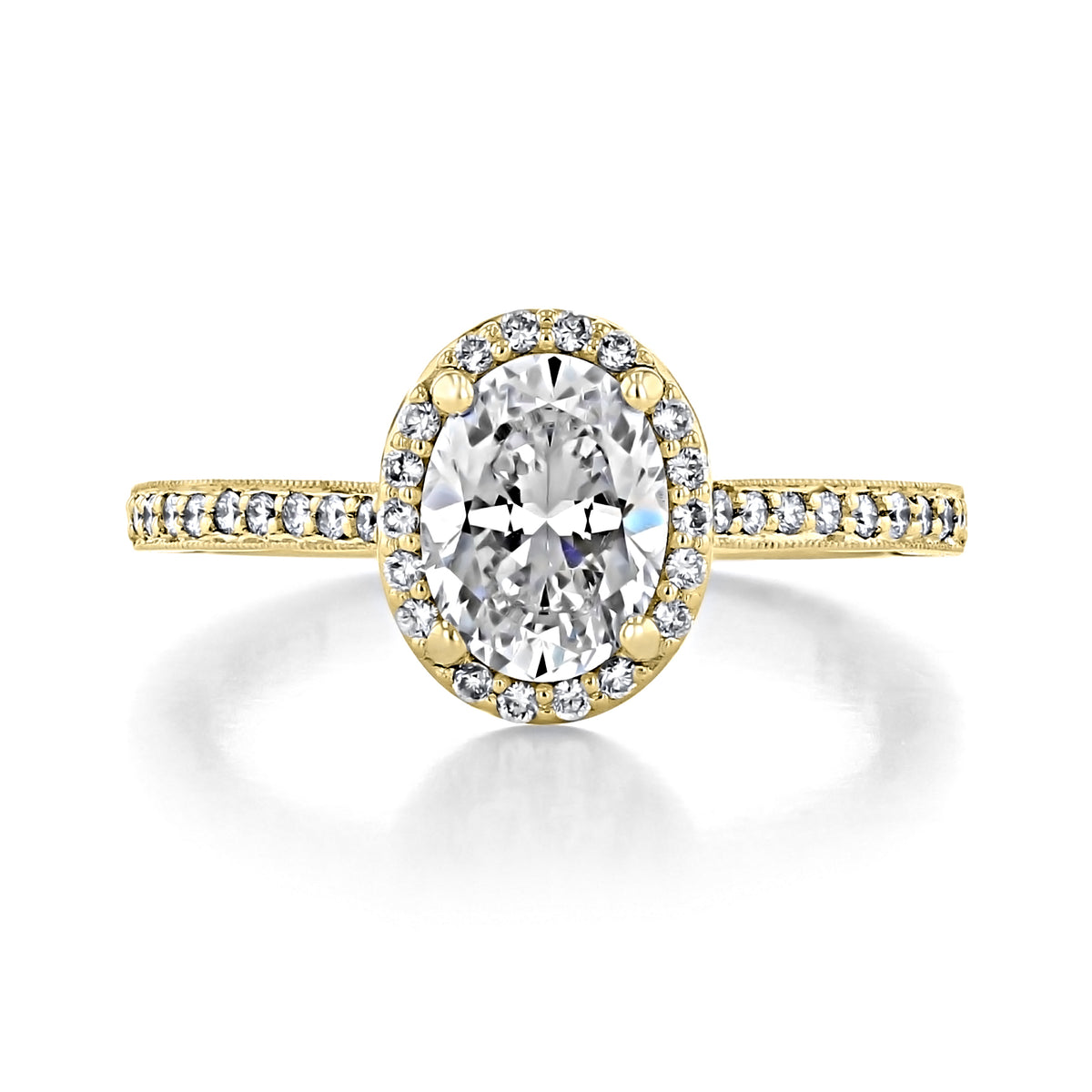 Gold oval Sculpted Crescent | Oval Solitaire Engagement Ring - 49OVP8X6Y with a diamond halo and pavé-set diamond band featuring vintage flair.