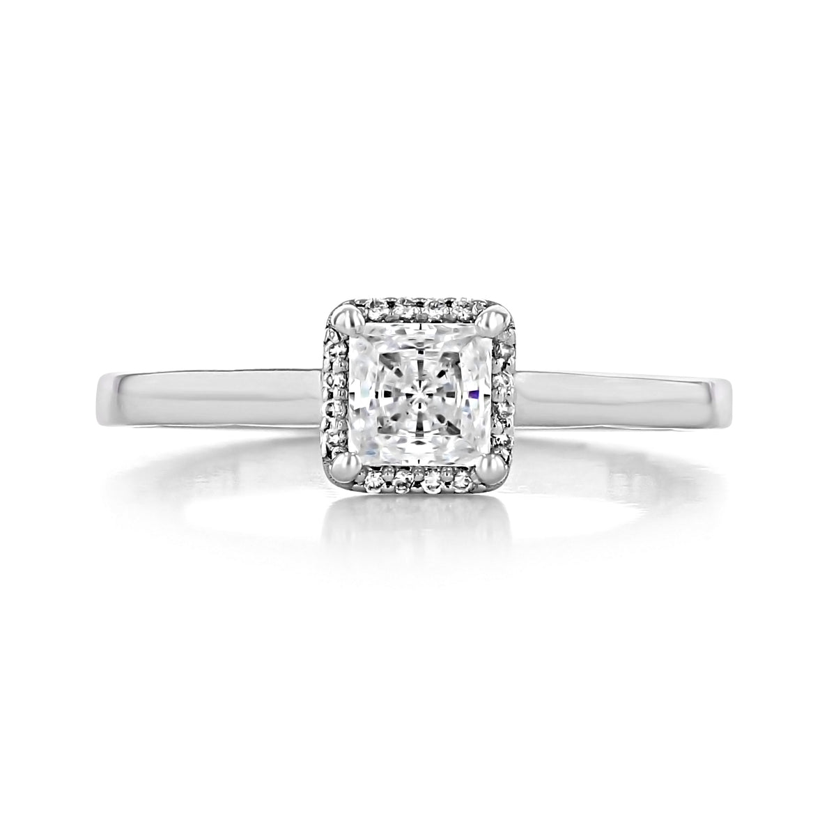 Sculpted Crescent | Princess Solitaire Engagement Ring - 49PR45W featuring a princess-cut solitaire diamond, a halo of smaller diamonds, a plain metal band, and a signature Tacori sculpted crescent.