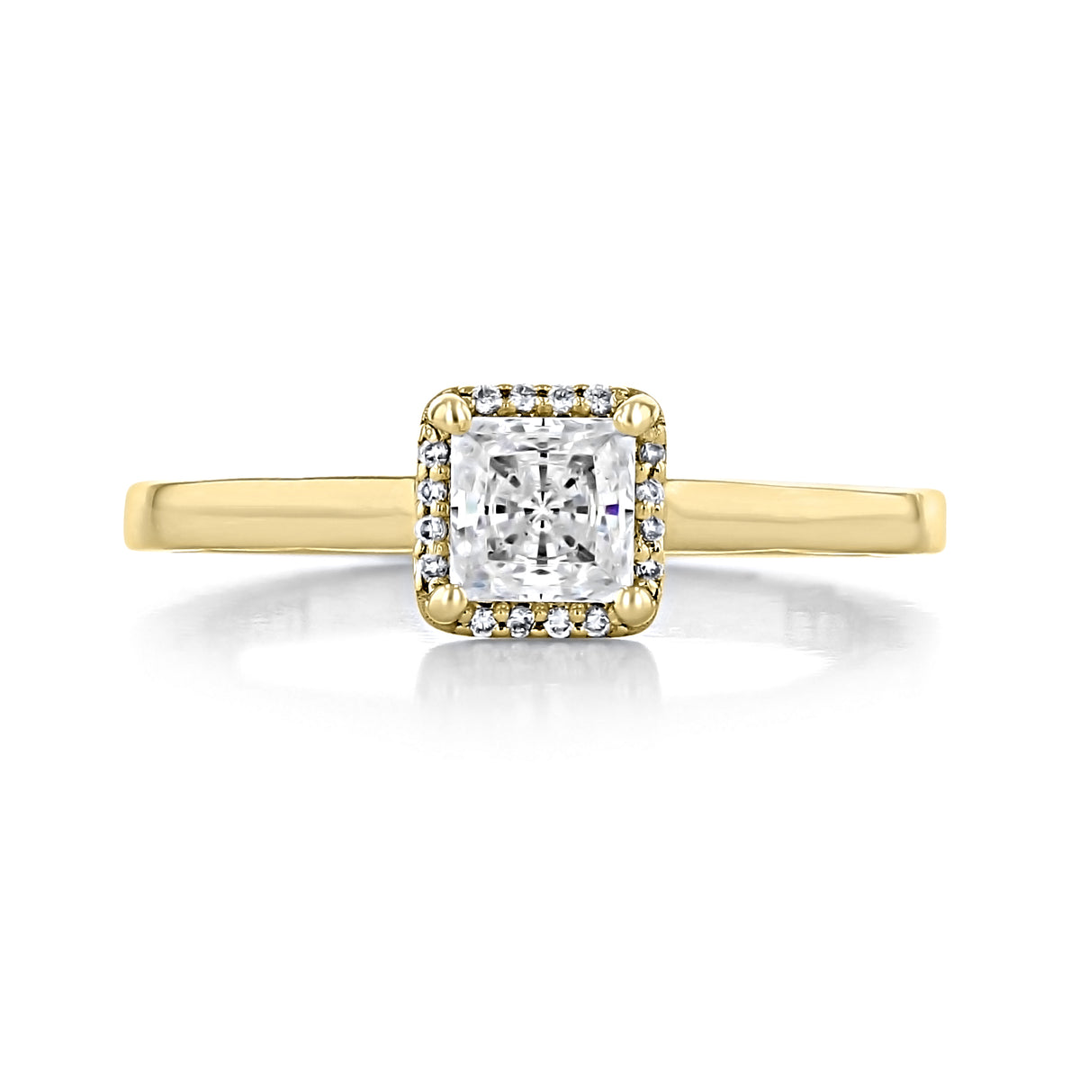 Sculpted Crescent | Princess Solitaire Engagement Ring - 49PR45Y in yellow gold featuring a princess-cut diamond center stone surrounded by a halo of small diamonds.