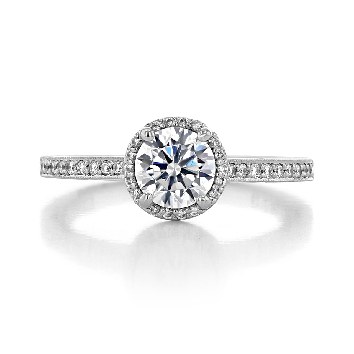 A Sculpted Crescent | Round Solitaire Engagement Ring - 49RDP6W featuring a round diamond in a halo setting on a pavé diamond band with an engraved crescent pattern.