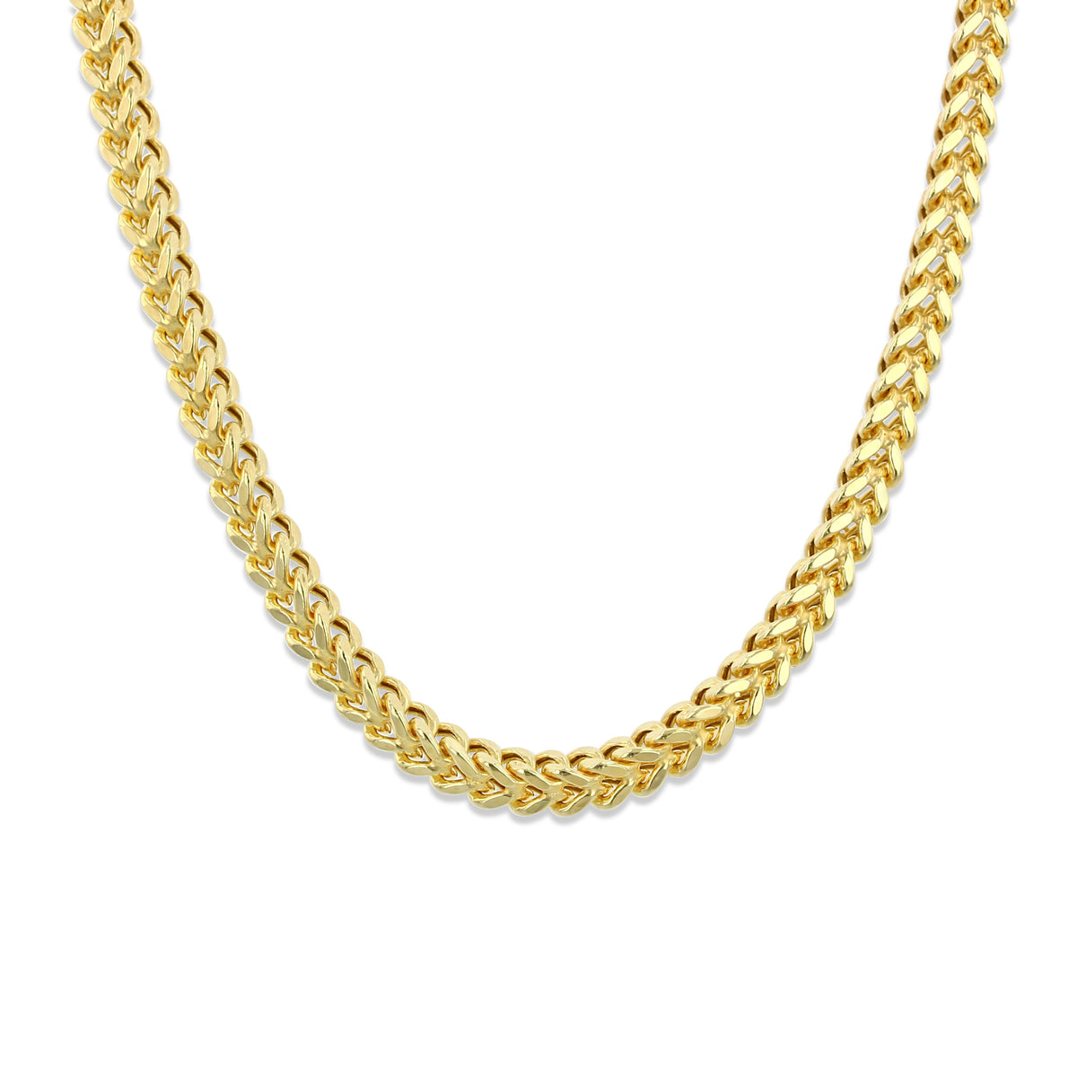 A 14K Yellow Gold 4MM Franco Hollow Chain 5001877 featuring a woven, box-link design in 14k yellow gold.