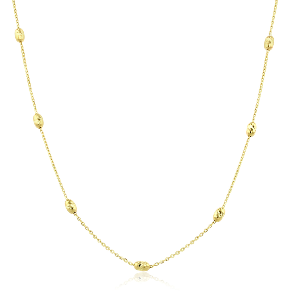 14K Yellow Gold Oval Beaded Necklace featuring a timeless design of evenly spaced oval beads.