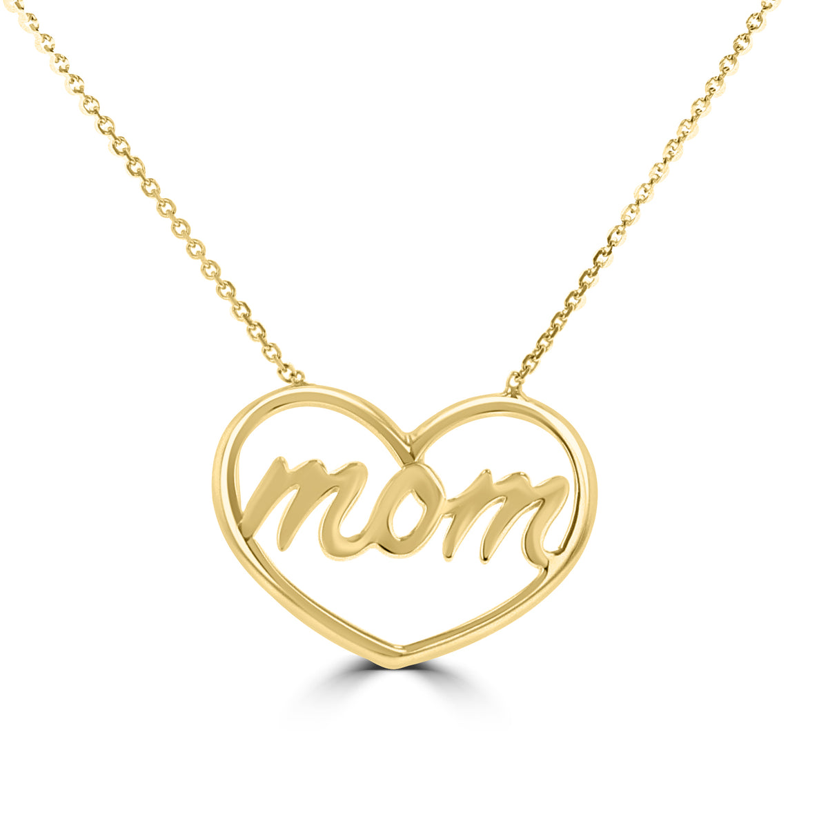 14K Yellow Gold Mom Heart Necklace featuring a heart-shaped 14k yellow gold pendant with the word mom centered inside.