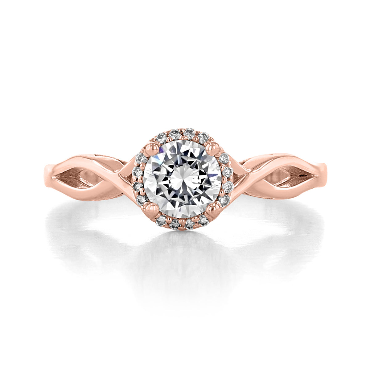 Sculpted Crescent | Round Solitaire Engagement Ring - 52RD55PK with a round diamond, halo setting, and a rose gold, vine-inspired interlaced band.