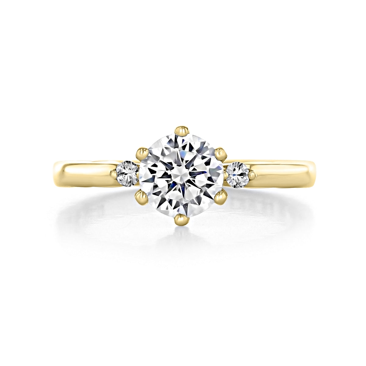Sculpted Crescent | Round Pavé Engagement Ring - 56-2RD65Y yellow gold engagement ring featuring a 1 carat round center diamond flanked by two smaller round side stones in a six-prong design.