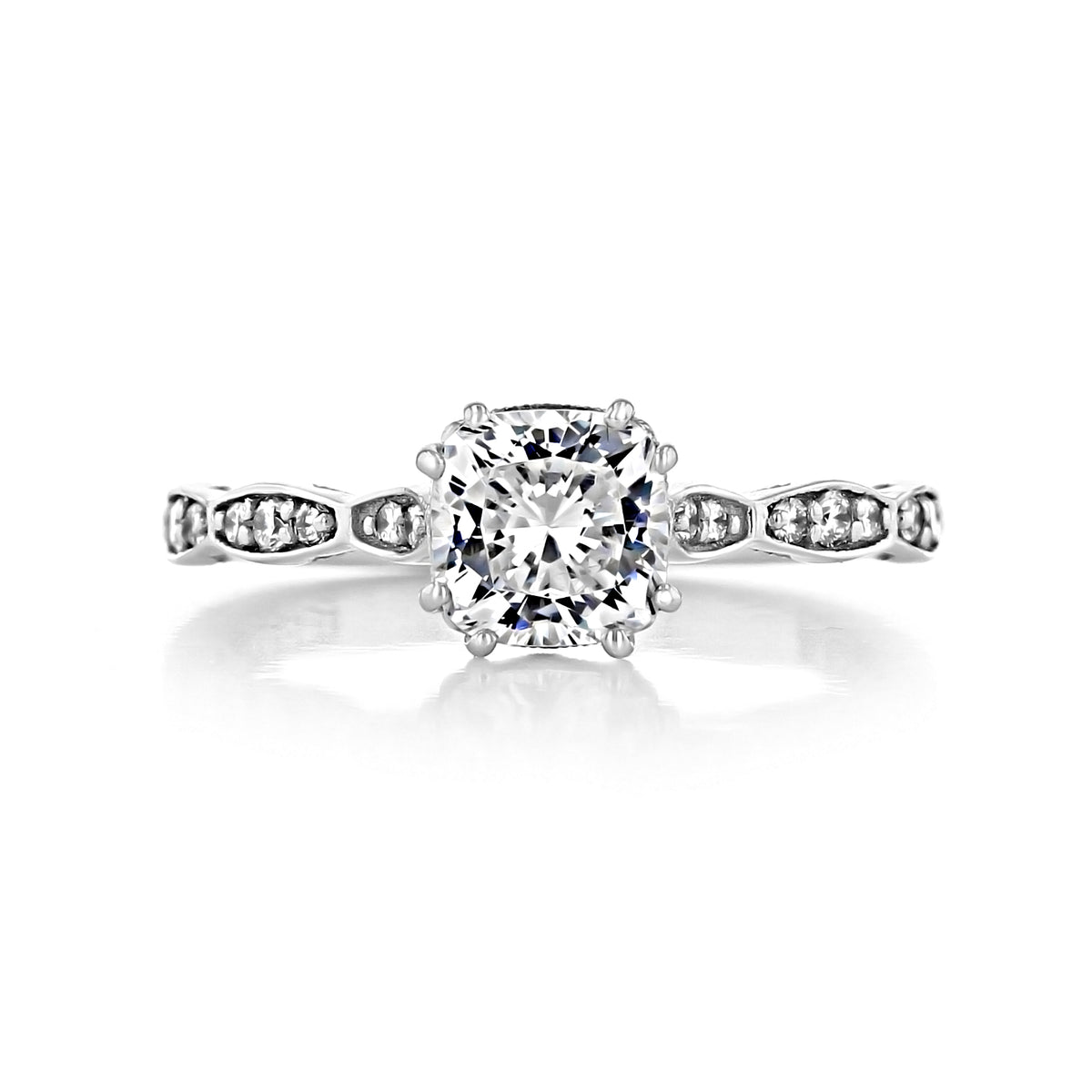 Sculpted Crescent | Cushion Pavé Engagement Ring - 57-2CU6W featuring a cushion-cut diamond and a pavé band with a scalloped metal pattern.