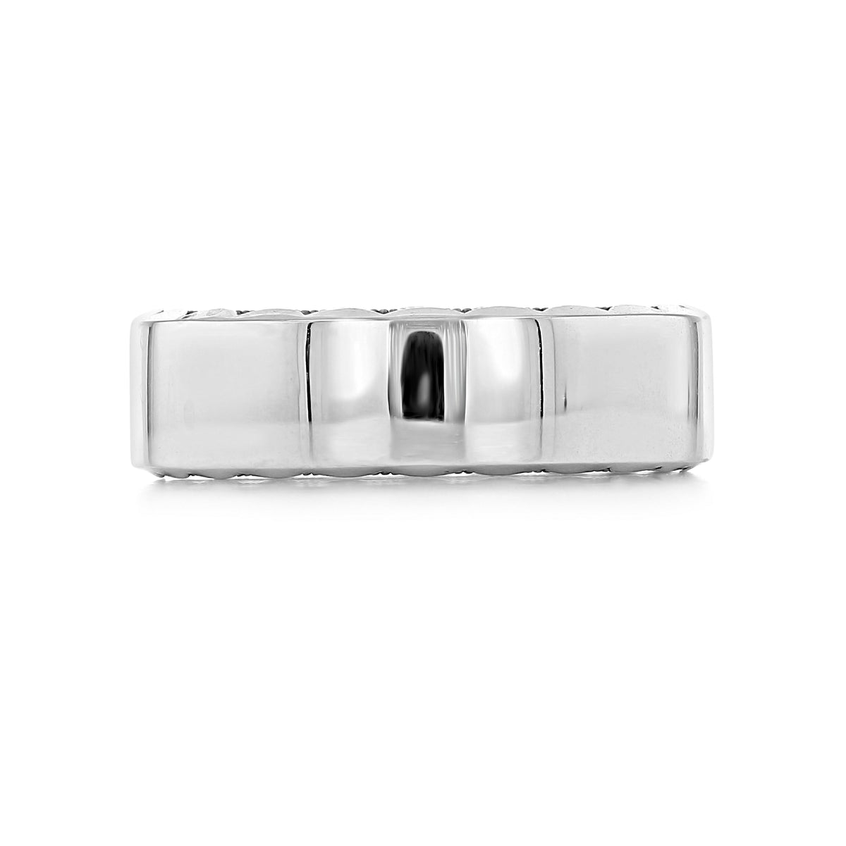 Side view of a polished silver Tacori Wedding Band - 64-6W with a smooth, concave profile and delicate milgrain detail.
