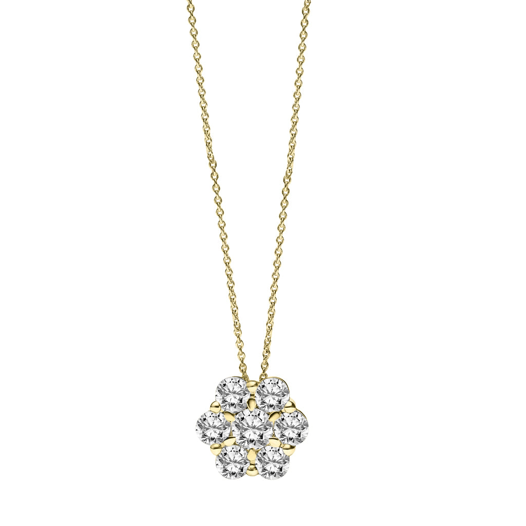 14K Yellow Gold Lab Diamond Floral Pendant 67-3173CY, a yellow gold floral necklace featuring seven round lab diamonds.