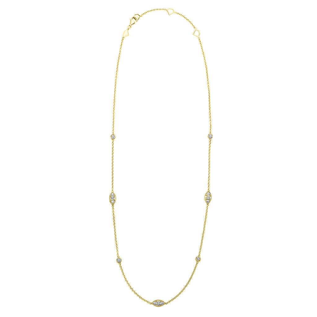 14K Yellow Gold Bezel Lab Diamond Necklace | 67-3832NY featuring a yellow gold chain with alternating round and marquise-shaped bezel-set lab diamond stations.
