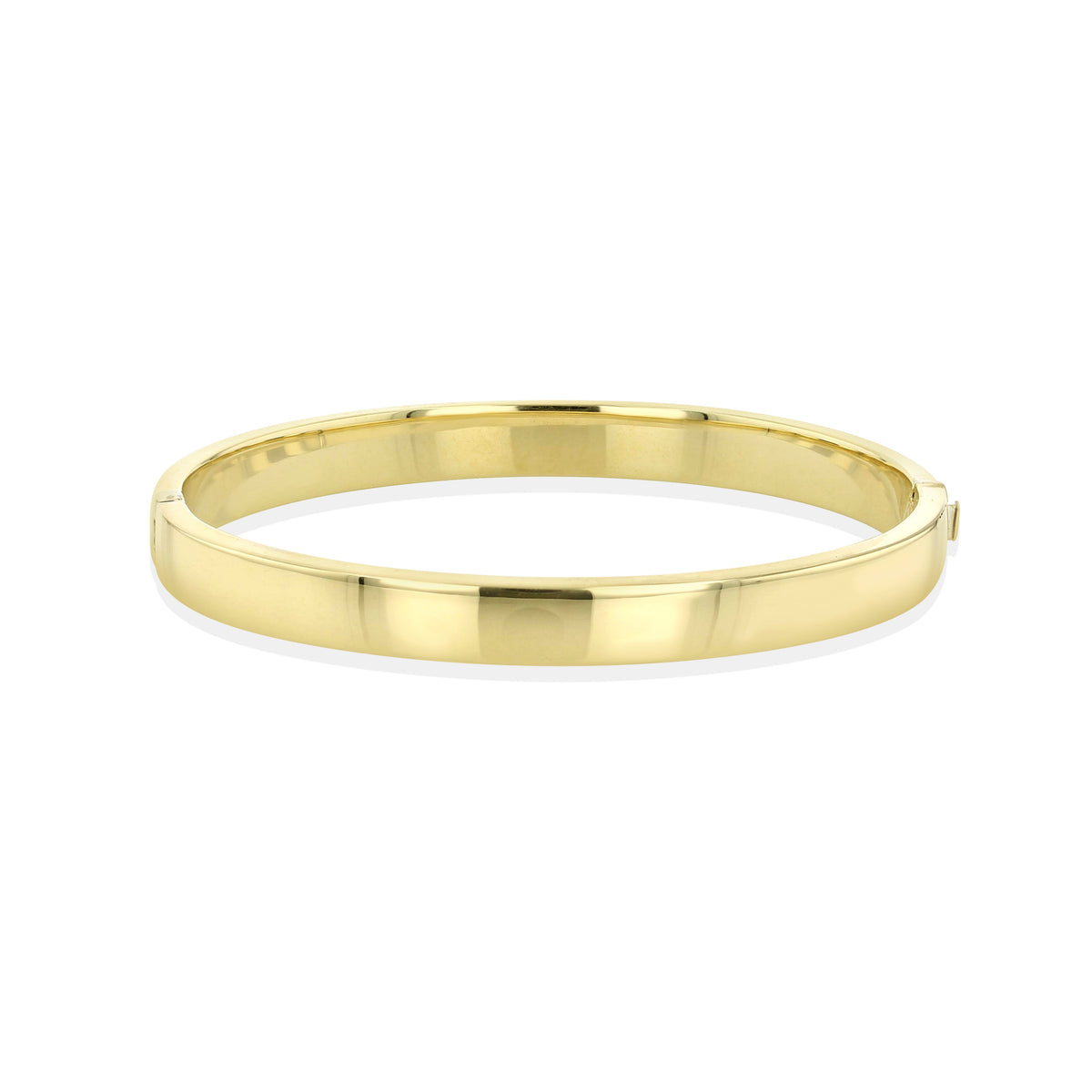 A 14K Yellow Gold 8mm Polished Flat Bangle Bracelet that is a polished yellow gold hinged bangle.