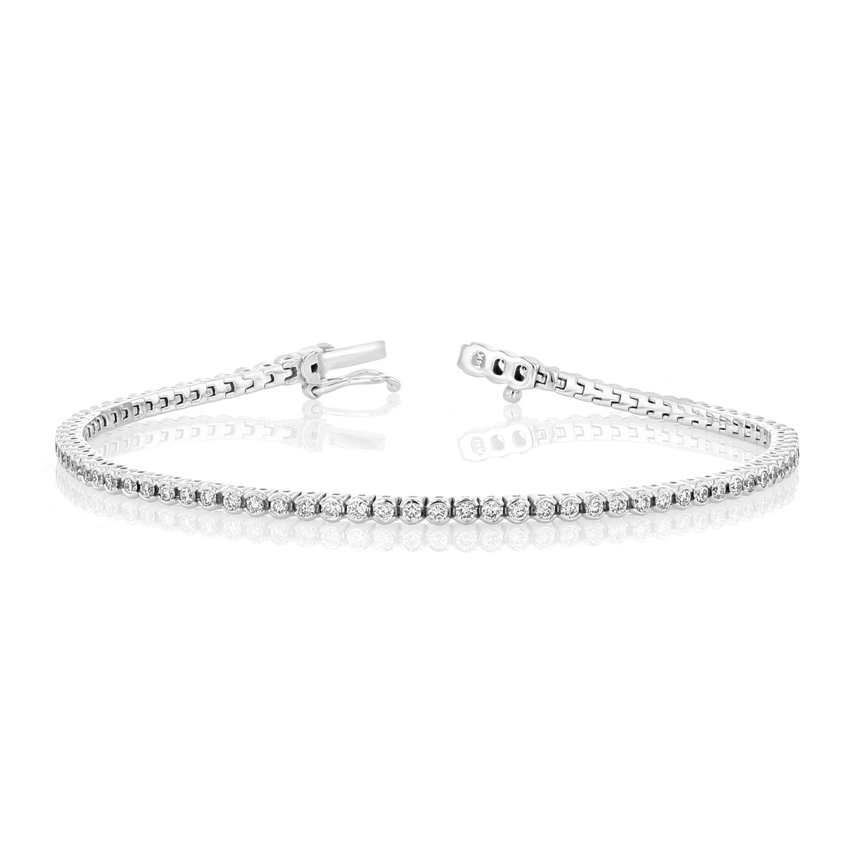 A 1.46 ctw Bezel Lab Diamond Tennis Bracelet | 7001275 in a silver-toned finish, featuring a series of round stones in bezel settings with a box clasp closure.