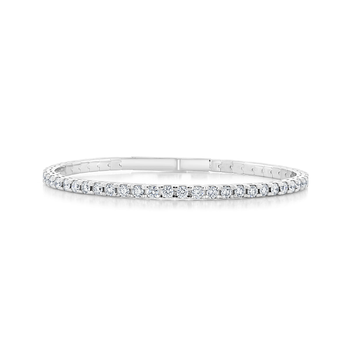 2.94 CTW Lab Diamond Tennis-Style Flexible Bangle by Icing On The Ring, a flexible 14k white gold tennis bracelet set with a continuous row of round lab diamonds.