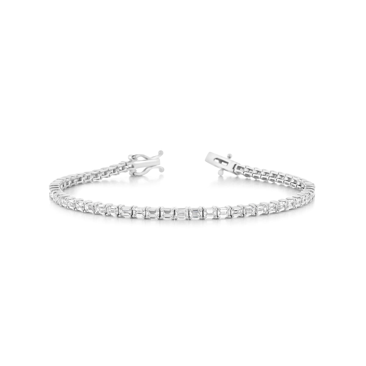 A silver-toned 4.70 ctw Emerald Lab Diamond Tennis Bracelet | 7001308 featuring a continuous row of emerald-cut diamonds with a box clasp.