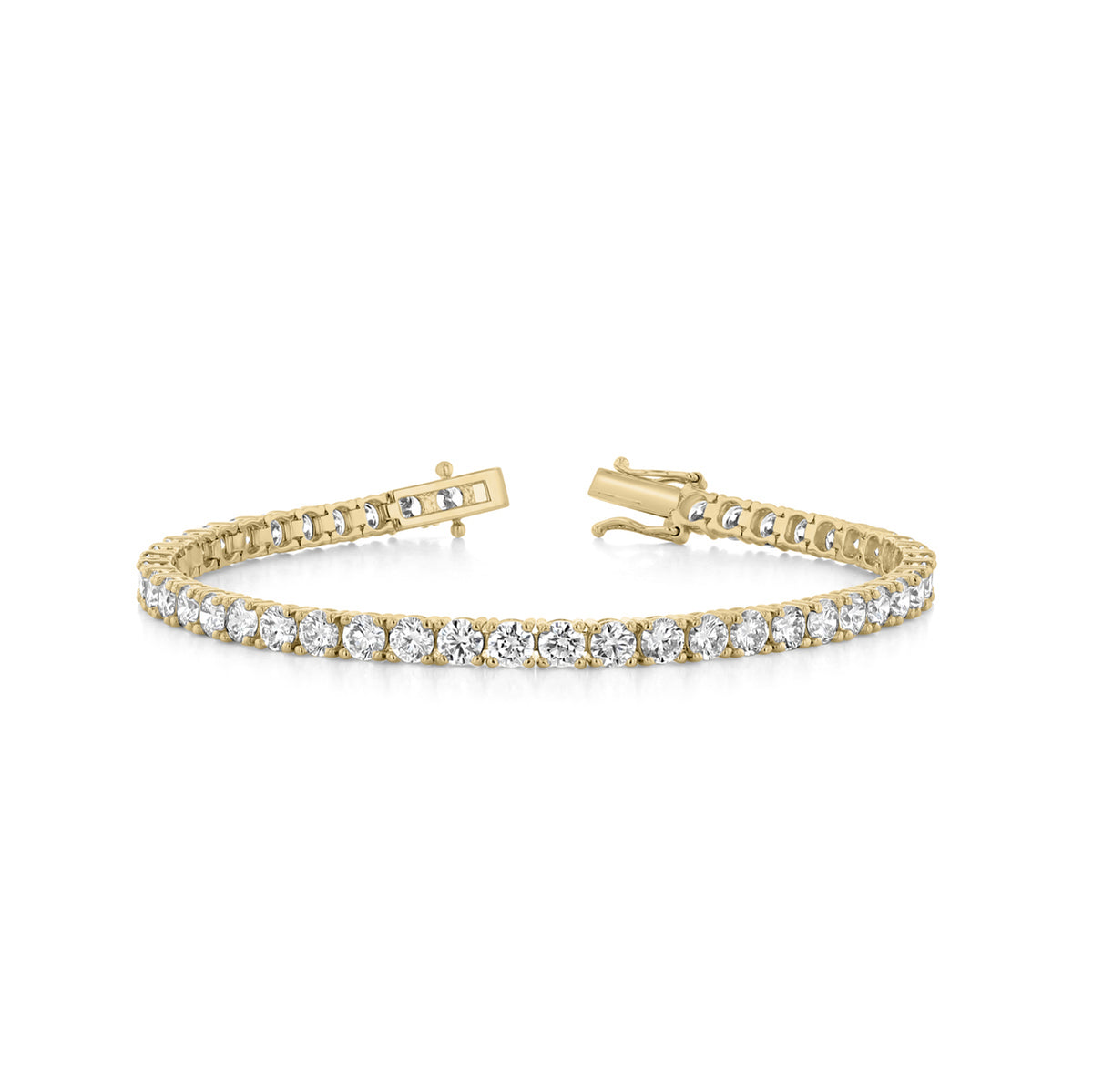 8.11 ctw Lab Diamond Tennis Bracelet | 7001322 in yellow gold featuring a continuous line of 8.11 carat round-cut lab-grown diamonds with a box clasp closure.