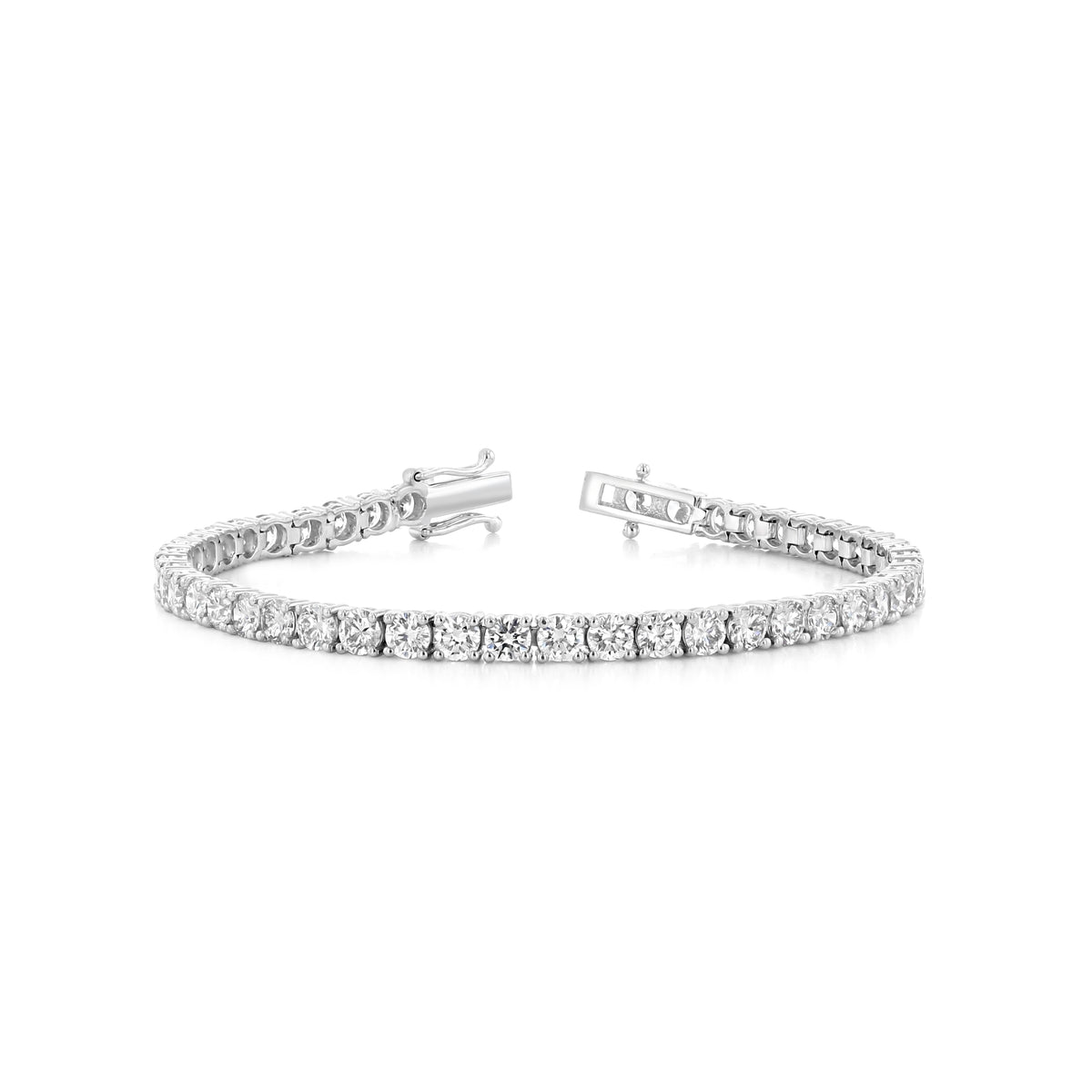 An 8.03 ctw Lab Diamond Tennis Bracelet | 7001323 in silver-tone, featuring a continuous row of round-cut clear stones with an open clasp.