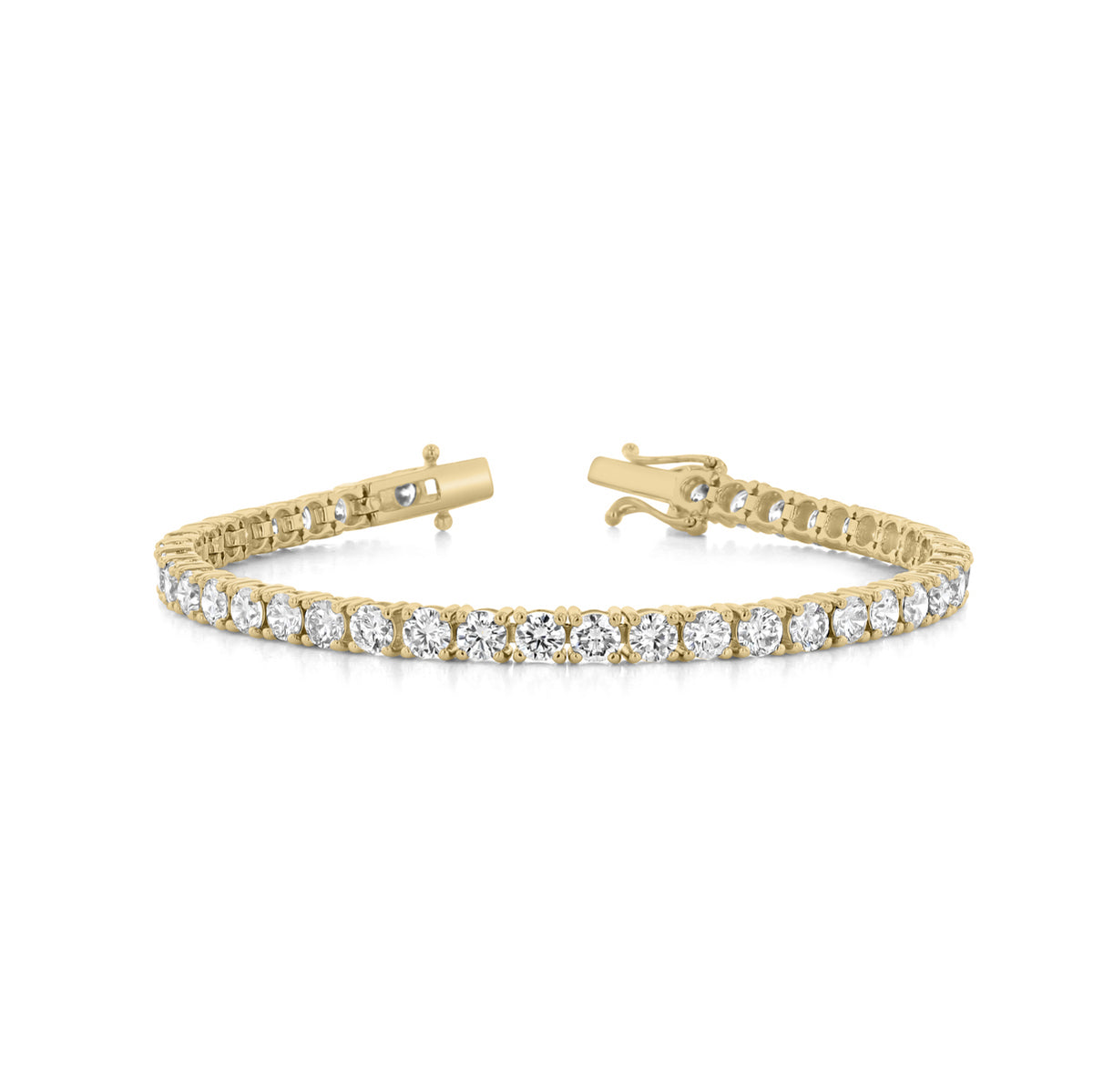 The 8.90 ctw Lab Diamond Tennis Bracelet is a modern luxury yellow gold tennis bracelet set with a continuous row of round-cut diamonds, featuring a hinged box clasp.
