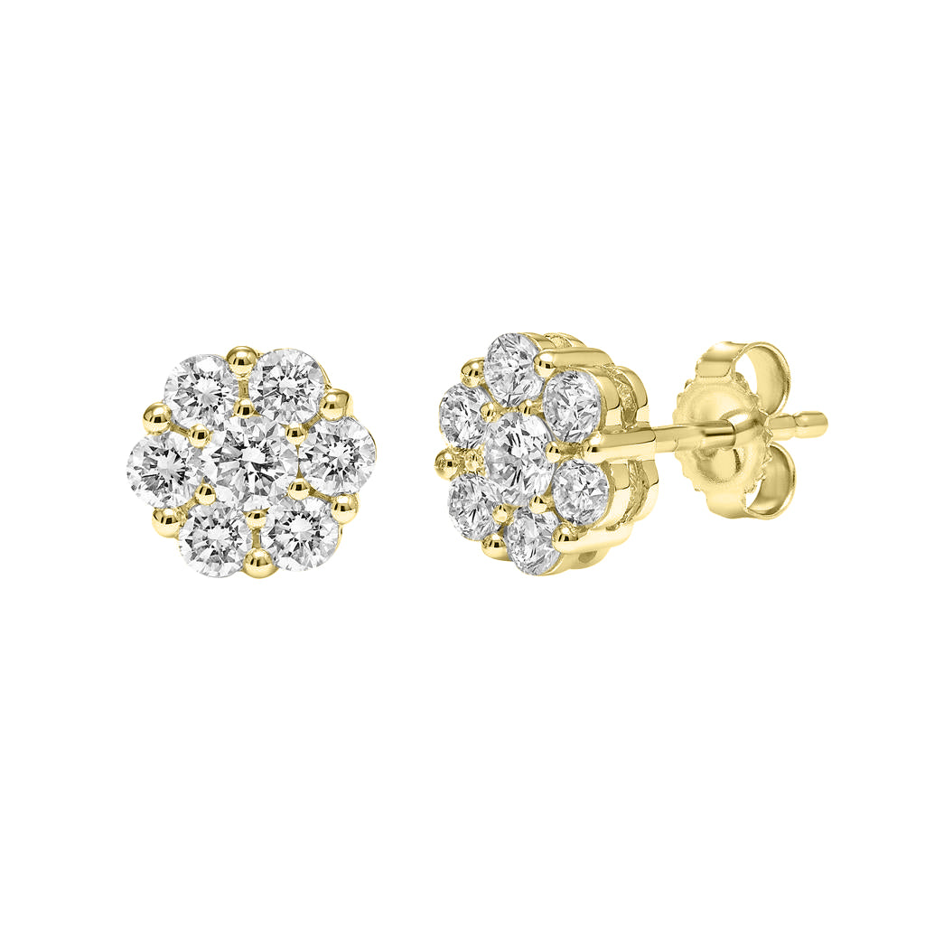 1ct Yellow Gold Cluster Lab Diamond Stud Earrings 75-3150EY, featuring a floral cluster of seven round lab diamonds.