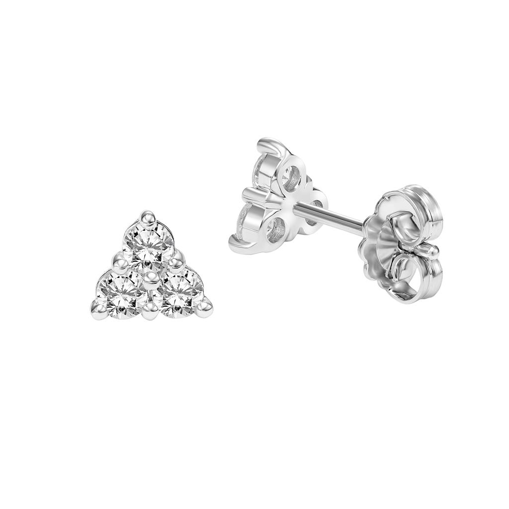 1ct White Gold Trio Cluster Lab Diamond Stud Earrings 75-3199CW featuring a pair of cluster studs with three round lab diamonds set in 14k white gold.
