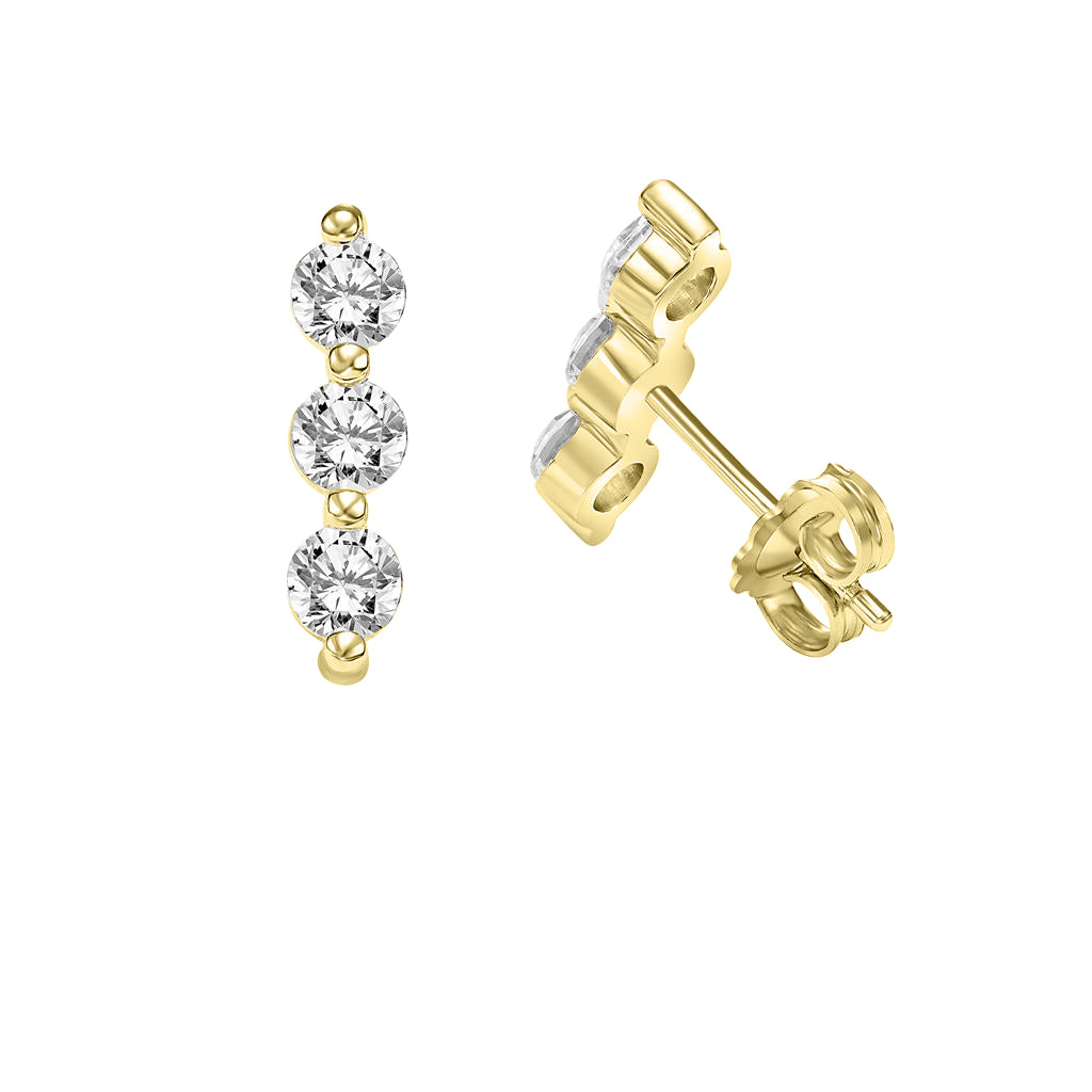 A pair of 0.90ct Yellow Gold Three Stone Lab Diamond Stud Earrings (75-3209NY) in 14k yellow gold, each featuring three lab diamond stones set in a vertical row.