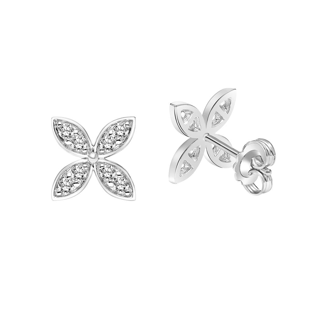 0.37ct White Gold Floral Lab Diamond Stud Earrings 75-3803AW featuring a pair of 14k white gold floral studs with four marquise-shaped petals set with small round lab diamonds.