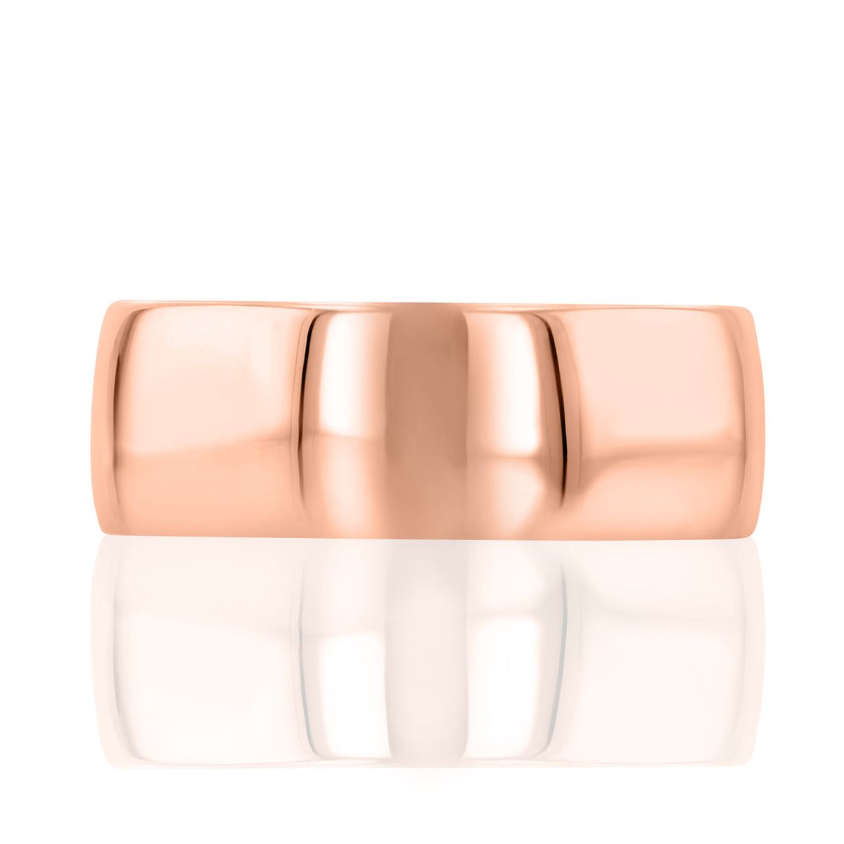 Polished Wedding Band | WB495, a wide, polished 8mm rose gold wedding band.