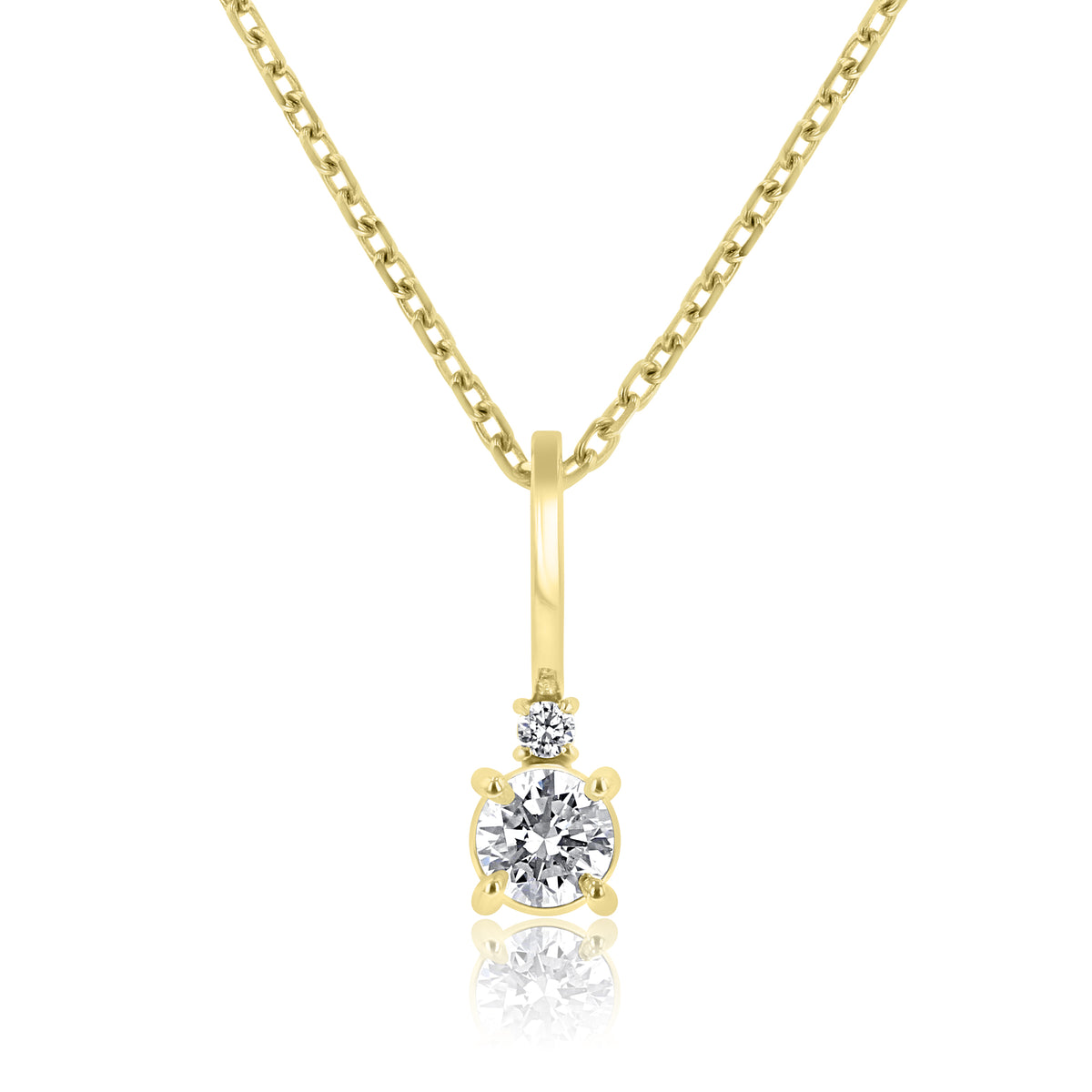 A 14K Yellow Gold Diamond Solitaire Pendant (88002-4) featuring a large round lab-created diamond with a smaller accent diamond above it, suspended from a gold chain.