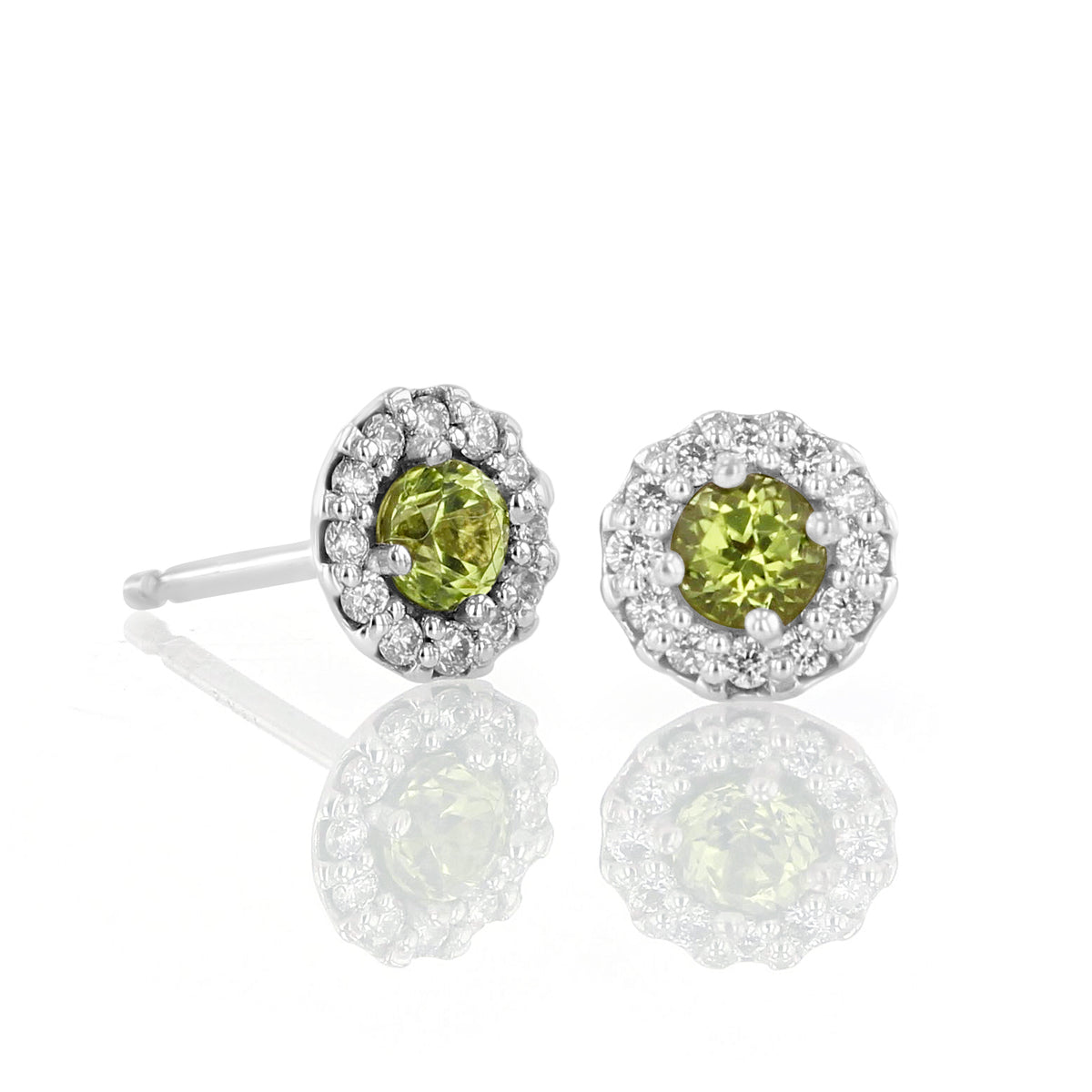 14K White Gold Periodt Halo Earrings featuring a round, light green center stone framed by a halo of small white diamonds in white gold, perfect as statement diamond earrings.