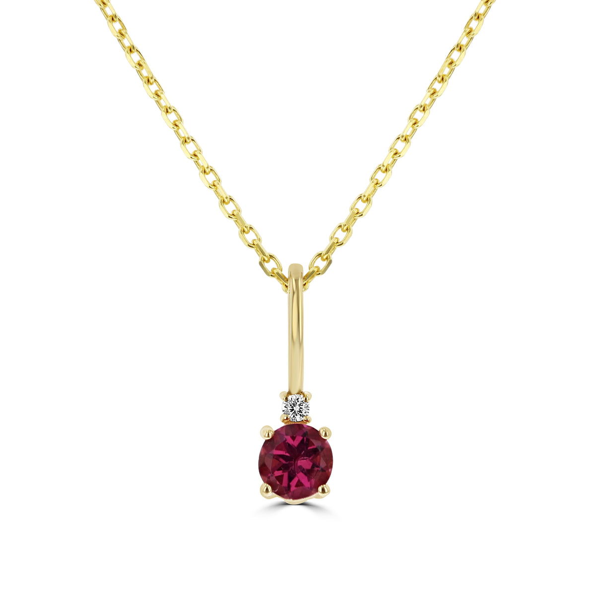 A 14K Yellow Gold Pink Tourmaline Solitaire Pendant featuring a round pink tourmaline in 14k yellow gold accented with a small diamond on a gold chain.
