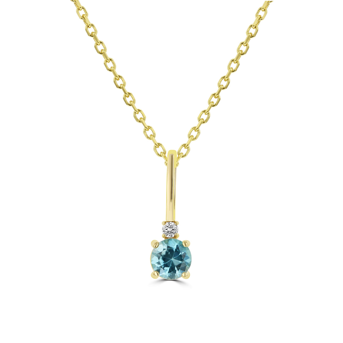 A 14K Yellow Gold Blue Zircon Solitaire Pendant 88002-12 featuring a round blue zircon with a small diamond accent, hanging from a 14k yellow gold chain.