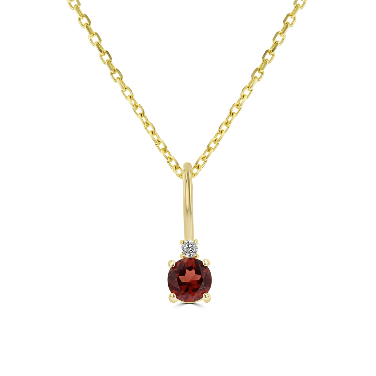 A 14K Yellow Gold Garnet Solitaire Pendant | 88002-1 featuring a round red garnet, the January birthstone, with a small diamond accent on a 14k yellow gold chain.
