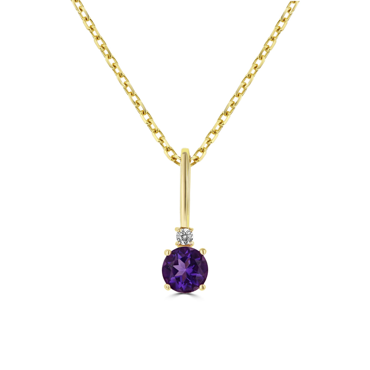 A round amethyst February birthstone pendant with a diamond accent on a 14k yellow gold chain, from the 14K Yellow Gold Amethyst Solitaire Pendant | 88002-2 collection by Icing On The Ring.