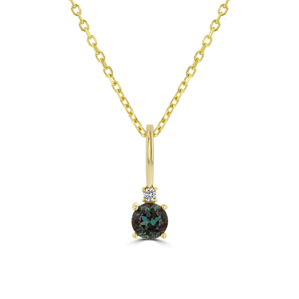 A round, dark teal lab-grown Alexandrite pendant from the 14K Yellow Gold Alexandrite Solitaire Pendant | 88002-6, suspended from a 14k yellow gold chain with a small diamond accent above the main stone.