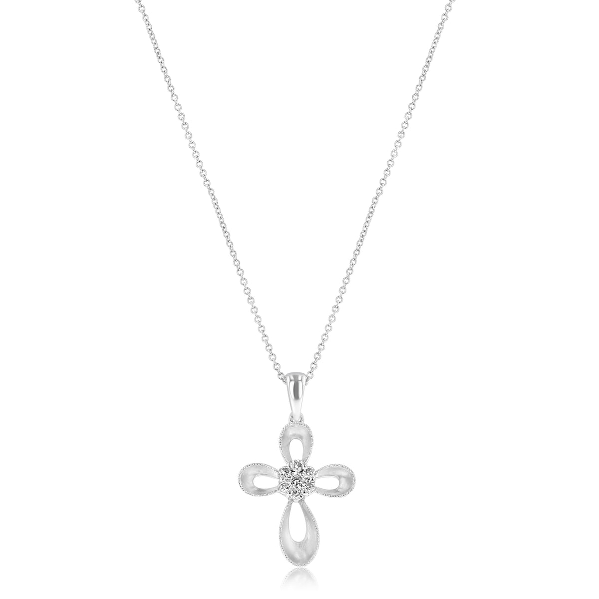 14K White Gold Cluster Diamond Cross Pendant | 96289 featuring a central diamond cluster, hanging from a delicate chain.