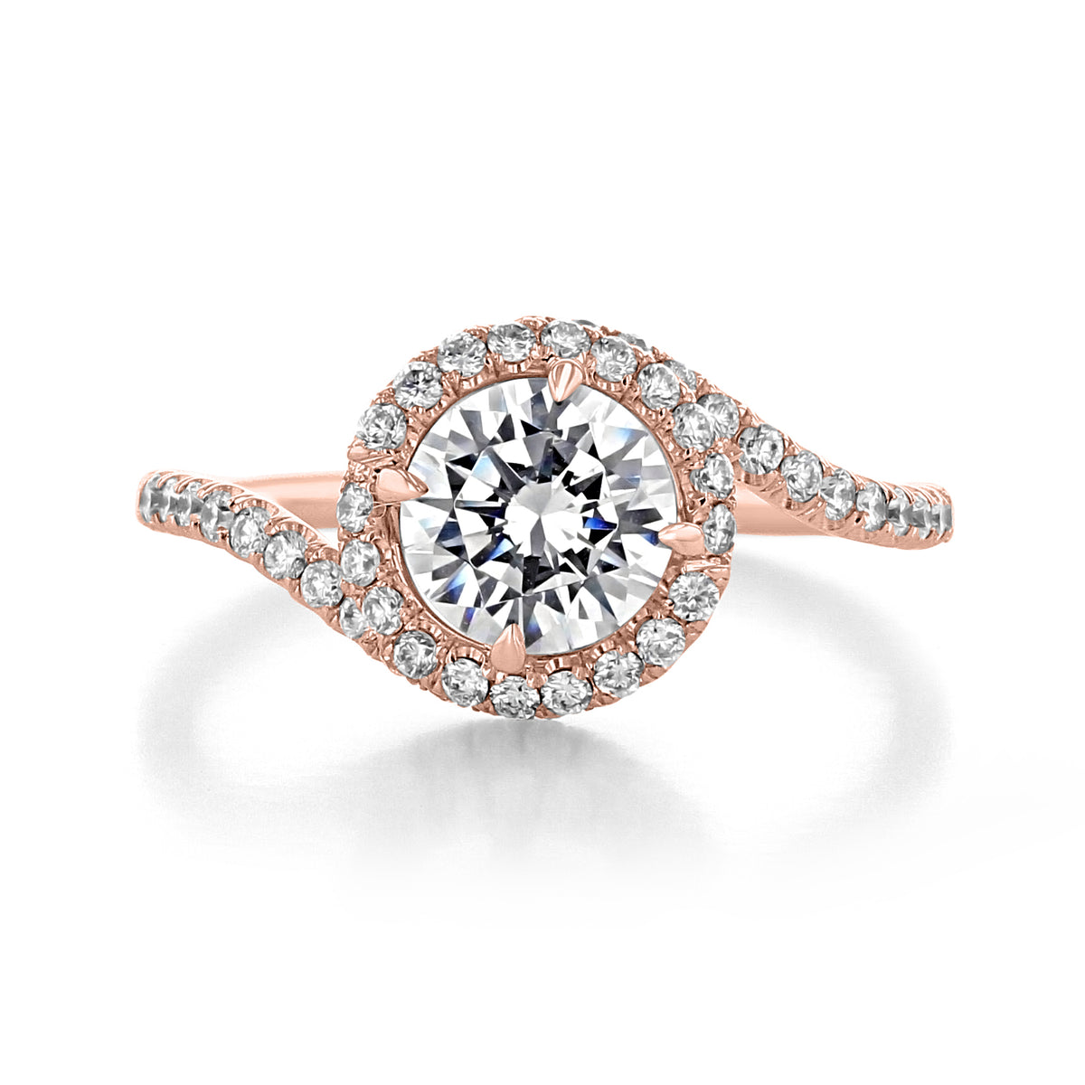 Rose gold Danhov Abbraccio | Halo Engagement Ring - AE100 featuring a round center diamond set in a spiraling diamond halo band accented with small pave diamonds.