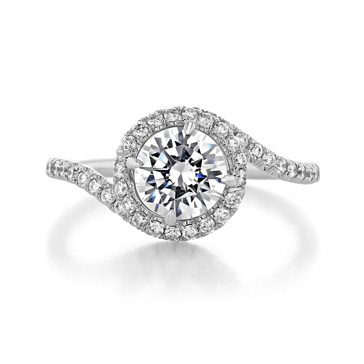 Danhov Abbraccio | Halo Engagement Ring - AE100 featuring a round-cut diamond, a diamond halo setting, and a curved, pavé-set band.