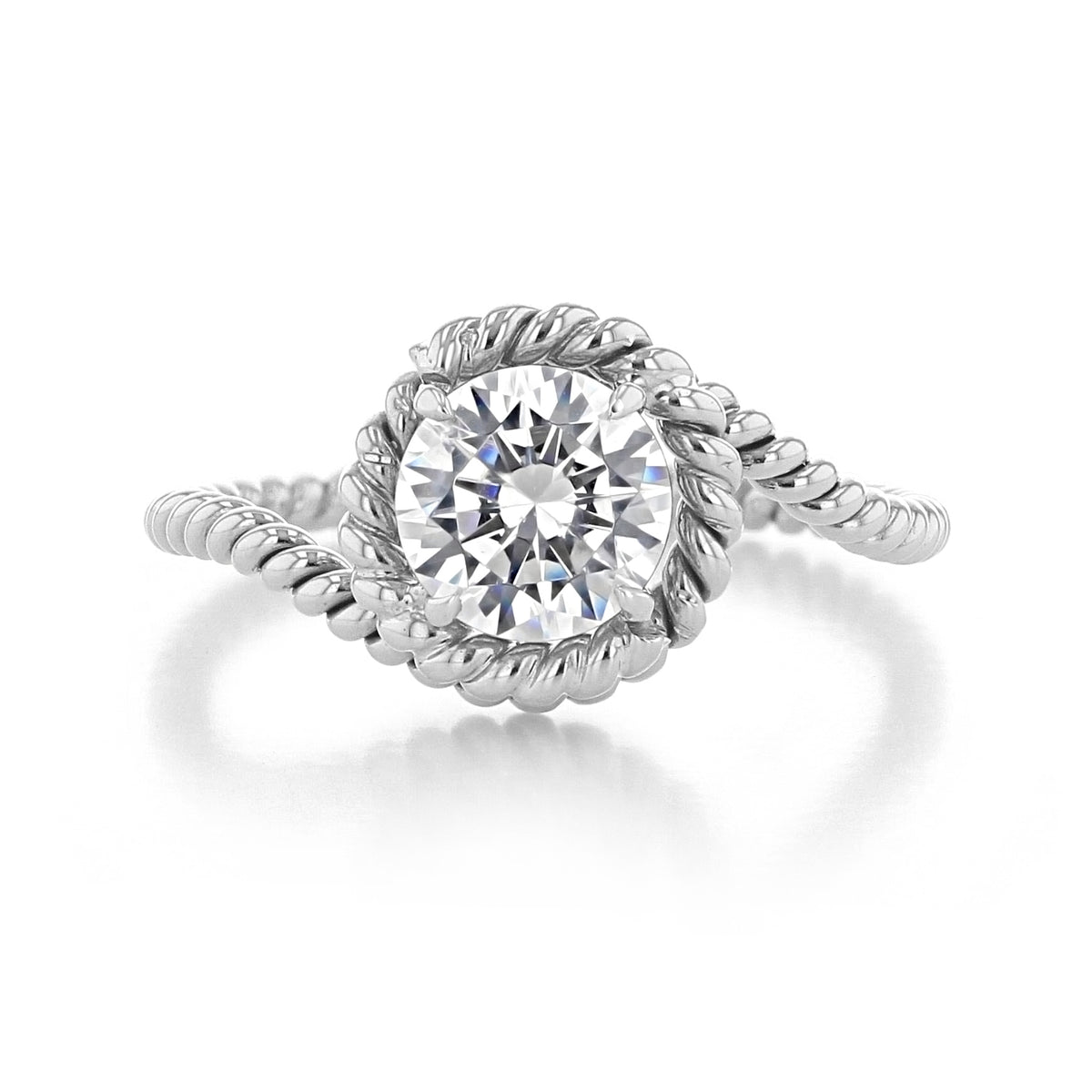 The Abbraccio | Swirl Engagement Ring - AE135 features a round-cut solitaire diamond set on a band with a braided precious metal design that curls around the center stone.