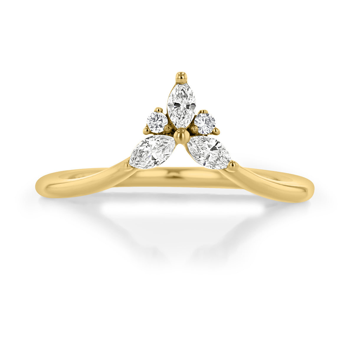 Del Mar | Curved Diamond Wedding Band in 14k yellow gold, featuring a center cluster of five marquise and round-cut diamonds.