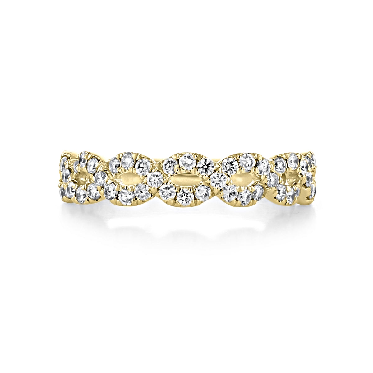 Monterey | Infinity Diamond Wedding Band in yellow gold featuring a repeating infinity-shaped pattern set with round diamonds.