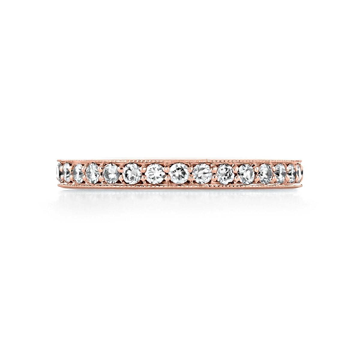 Sierrah 2.35mm milgrain pavé-set diamond wedding band in 14k rose gold, featuring a row of round diamonds with milgrain edges.