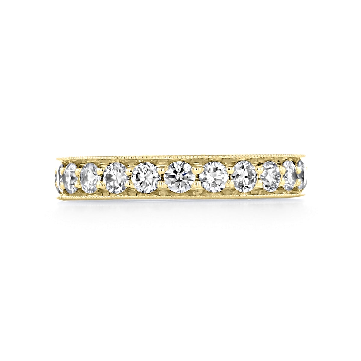 Sierrah 3.6mm Milgrain Pavé-Set Diamond Wedding Band featuring a gold eternity band with a row of pavé-set round diamonds framed by milgrain-edged metal.
