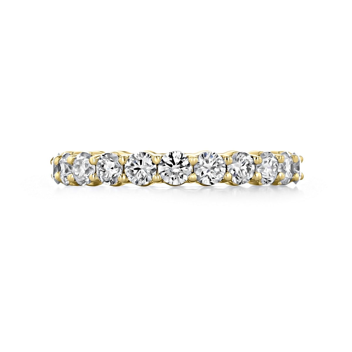 Trinity 0.95ctw Shared Prong Round Diamond Eternity Band featuring a gold band with a row of round-cut diamonds held by shared prongs.
