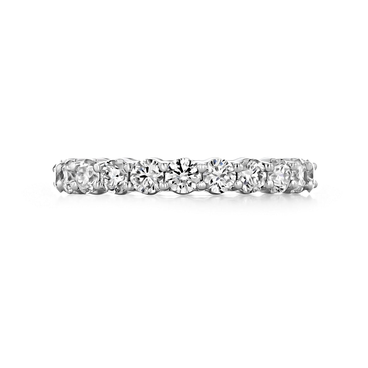 Trinity | 0.95ctw Shared Prong Round Diamond Eternity Band featuring a row of round diamonds set in shared metal prongs.